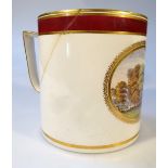 An 18thC Derby porcelain porter mug, the cylindrical body decorated with a panel of Darley Grove