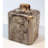 An 18thC Staffordshire Whieldon type tortoiseshell pottery tea caddy, the square body with a moulded