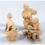 Various Japanese Meiji ivory figure groups, comprising of a scholar aside child on a shaped base,