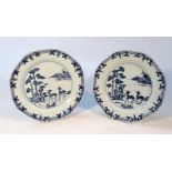 A near matching pair of Chinese 18thC export porcelain blue and white plates, each with octagonal