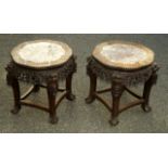 A pair of late 19thC Chinese rosewood jardiniere stands, with grey and liver marble inset tops,