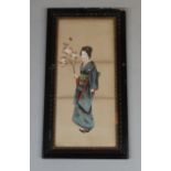 A late 19thC Japanese School. Geisha girl holding flowers, silk work print with hand touching,