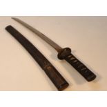 A late Meiji period Japanese kaiken, with a plain curved blade and shaped handle, set with mother of