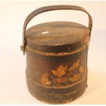 A late 19thC stained hardwood marriage casket, with swing handle, the circular body painted with