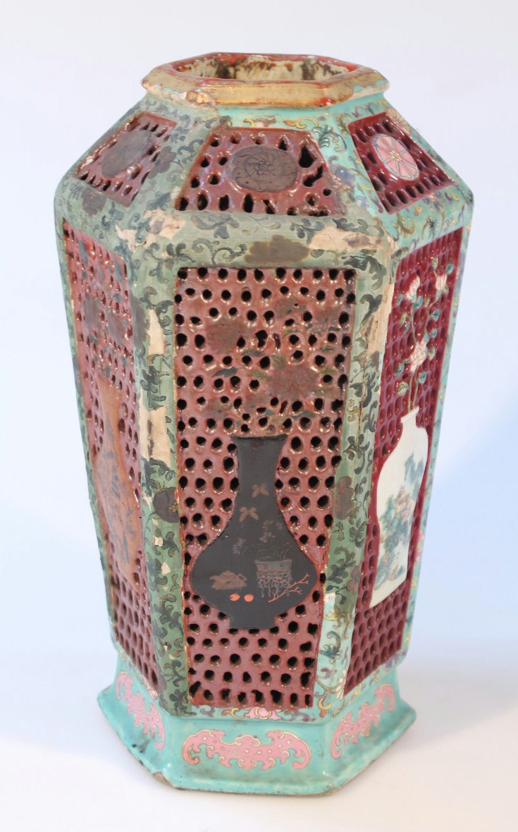 A Chinese porcelain and enamel vase, the hexagonal body painted with lotus scrolls and flower - Image 2 of 4