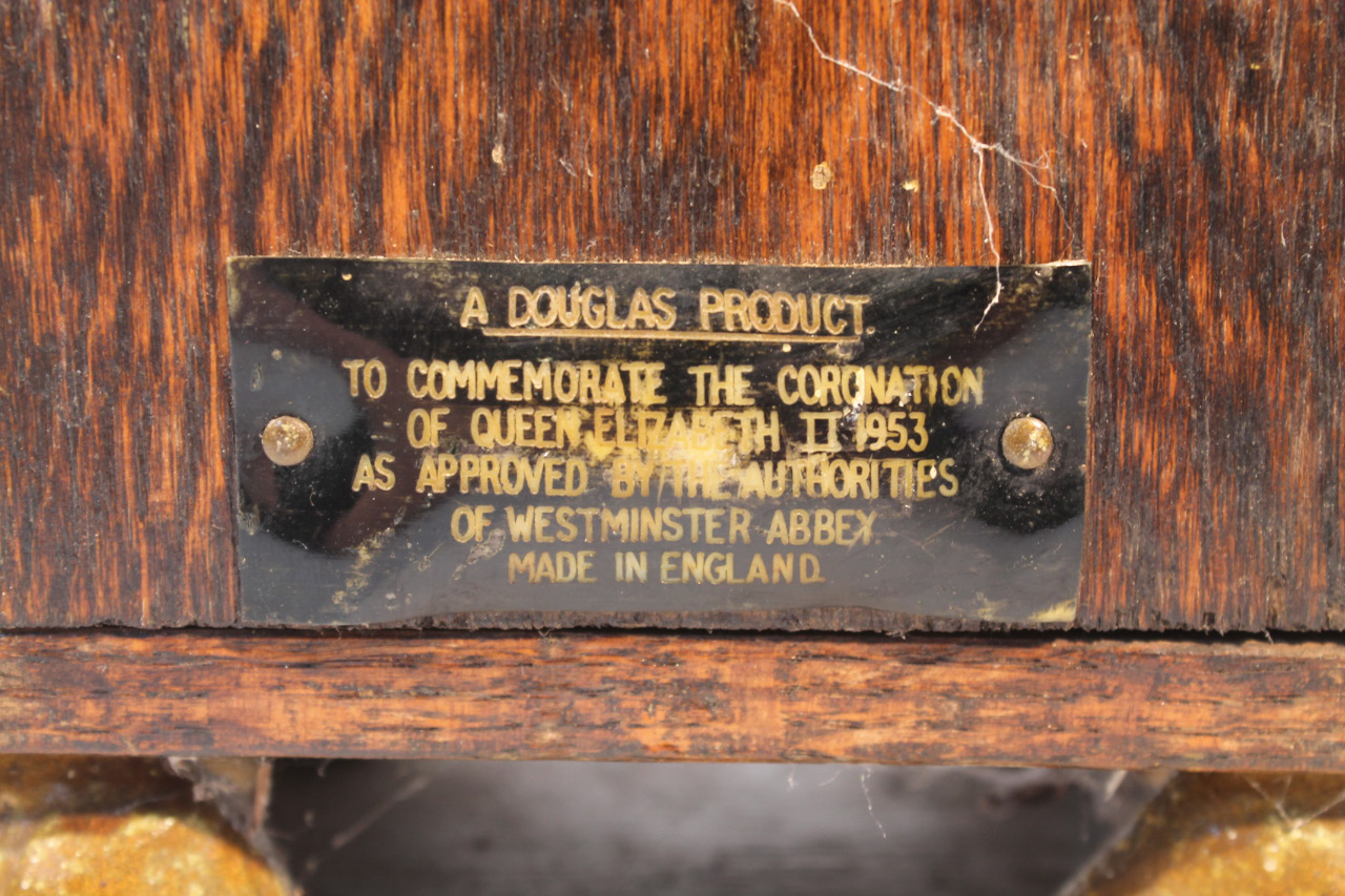 A mid-20thC oak Douglas Royal Commemorative replica Westminster Abbey seat, for the Coronation of - Image 2 of 2