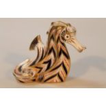 A Royal Crown Derby paperweight, of a seahorse, printed marks beneath with silver stopper, 11cm