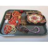 A quantity of bead necklaces, including coral, agate, glass, evening bag, hair ornaments, etc and