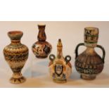 Various tin glazed earthenware, to include a Portuguese bottle vase, with shaped handles decorated