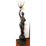 A highly decorative 20thC painted plaster finish lamp figure, of a floor standing lady scantly