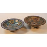 A near matching pair of 18thC tin glazed faience bowls, each with a geometric and blue dash