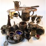 Various bygones, collectables, pewter, etc, to include teapots, part services, open salt, 6cm