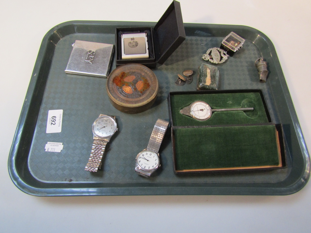 Two gentleman's watches, military badge, engineers scale , travel clock, etc.