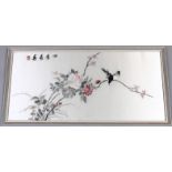 A 20thC Japanese School. Birds on branch, silk work, signed, 73cm x 34cm.