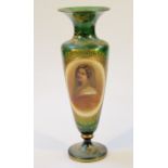 A 19thC Bohemian green glass vase, with a compressed trumpet stem, the main body hand painted with a