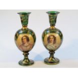A pair of 19thC Bohemian green glass vases, each bulbous body hand painted with a panel of a lady