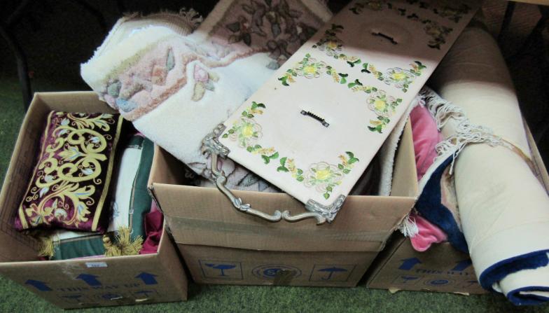 Various cushions, carpets, rugs, embroidery items, etc, various dimensions. (a quantity)