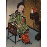 19thC Chinese School. Girl with pipe on chair, glass painting, unsigned, 49cm x 34cm.