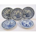 Five various Chinese blue and white export saucers, each with circular outlines centred with various