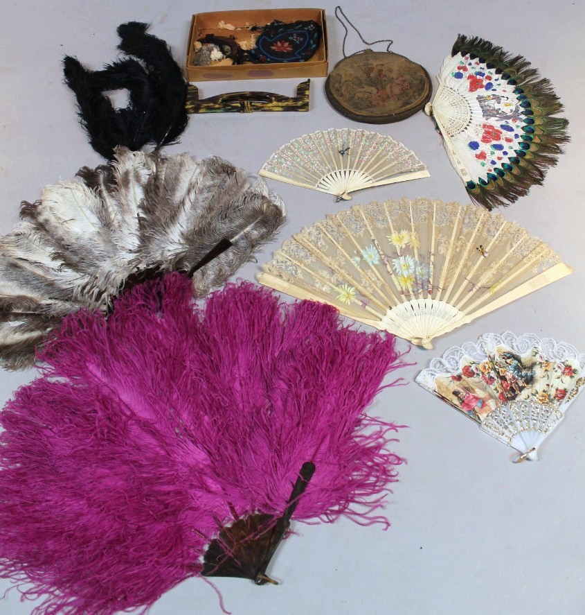 Various ladies haberdashery and evening wear, to include a quantity of fans, a feather fan, 47cm