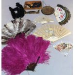 Various ladies haberdashery and evening wear, to include a quantity of fans, a feather fan, 47cm