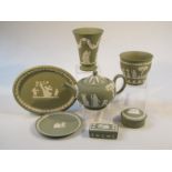 Various Wedgwood sage green Jasperware, comprising teapot, 15cm high, oblong pin dish, lidded jar,