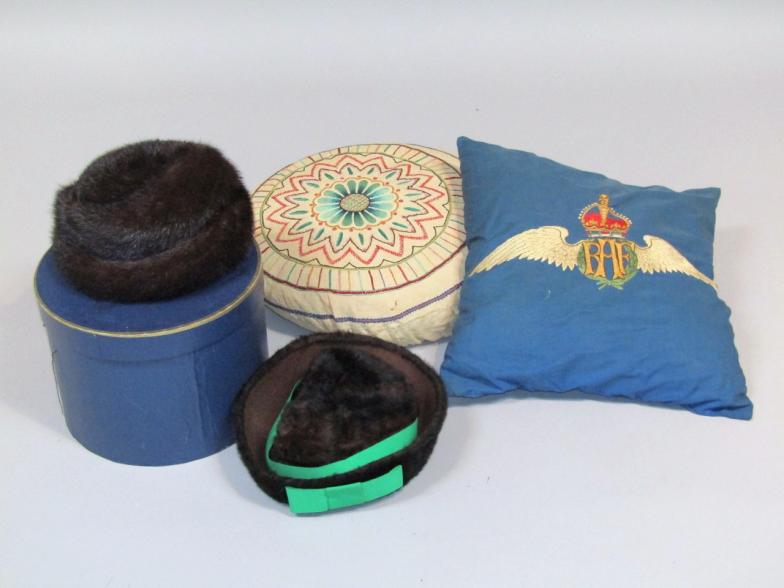 Various haberdashery and soft furnishings, comprising a fox fur hat, another in fitted box, 23cm