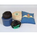 Various haberdashery and soft furnishings, comprising a fox fur hat, another in fitted box, 23cm