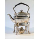 A George VI silver spirit kettle on stand, by Harrison Brothers, with a fixed curved part ebonised