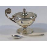 A George V silver mustard pot, by James Dixon & Son, the compressed domed lid with acorn finial,