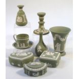 Various Wedgwood boxed sage green Jasperware, to include vase, 15cm high, lidded dishes, pin dish,