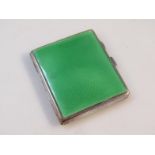 A mid-20thC green enamel and white metal cigarette case, with rounded corners set with a geometric