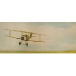 Bill Austin. Sopwith camel in flight (France 1918) watercolour, signed, 12cm x 27cm.