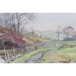 Margaret Rowney. Landscape with cattle and river, watercolour, signed, 36cm x 55cm.