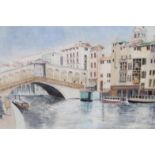 E Lamb FRSA. Venetian bridge scene, watercolour, signed and dated '87, 26cm x 39cm.