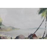 S Saldhy. Caribbean shoreline scene, watercolour, signed, 24cm x 33cm.