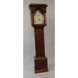 A carved oak longcase clock, with painted arch dial and swan automaton to the arch, with date