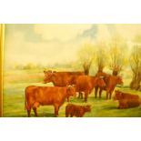 Reuben Ward Binks. Lincoln Red cows and calf in landscape, watercolour, signed and dated 1914,