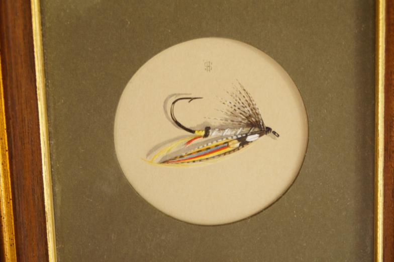 Harry Spencer. A painted study of a salmon fly and one of a feather, signed with a monogram, and a - Image 2 of 3