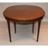 A 19thC mahogany D-end dining table, the plain top raised above square tapering supports terminating