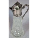 A 20thC cut glass claret jug, the trumpet shaped hobnail cut body surmounted by a silver plated