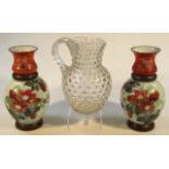 Various glassware, comprising a pair of late 19thC painted vases, each bellied body decorated with
