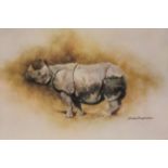 David Shepherd (b 1931). Indian Rhino, artist signed watermarked, print, 25cm x 32cm.