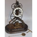 A late 19thC brass fusee skeleton clock, of typical form with articulated cogs centred by the