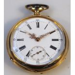 An early 20thC open face pocket watch, the circular 4cm dia enamel dial with Roman numeric and