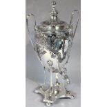 A late 19thC Barraclough silver plated samovar, the bulbous body flanked by fluted handles and