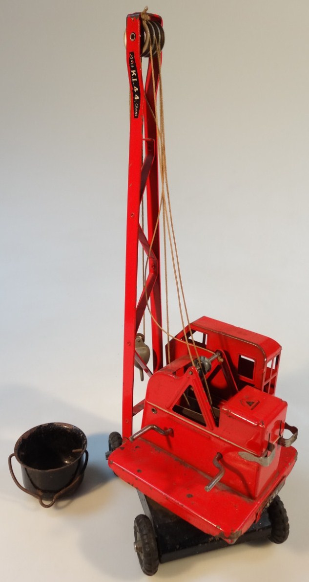 A 1950's LA Ross tin plated crane, stamped Jones K L 44, in red with an articulated base and - Image 2 of 3