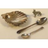 Various silver plate etc, to include a WMF spoon, 10cm high, shell butter dish, cast dog, etc. (a