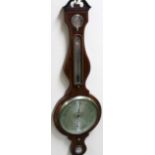 A 19thC mahogany and boxwood strung four dial banjo barometer, the main 26cm dia. silvered dial