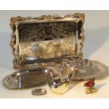 Various silver and plate, to include a sherry label, 6cm wide, plated tray, teapot stand, golf